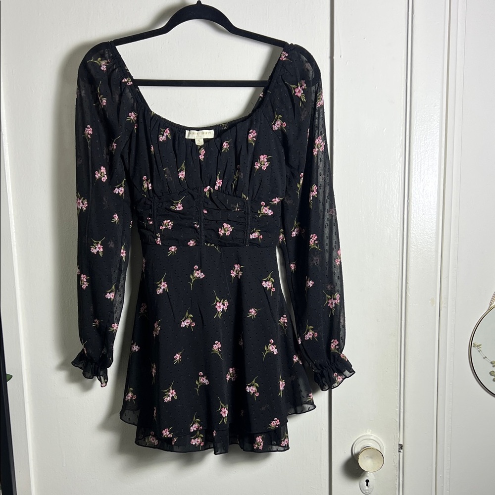 Black Floral Long-Sleeve Hippie Chic Mini Dress - Pink Flower Print~ Small
